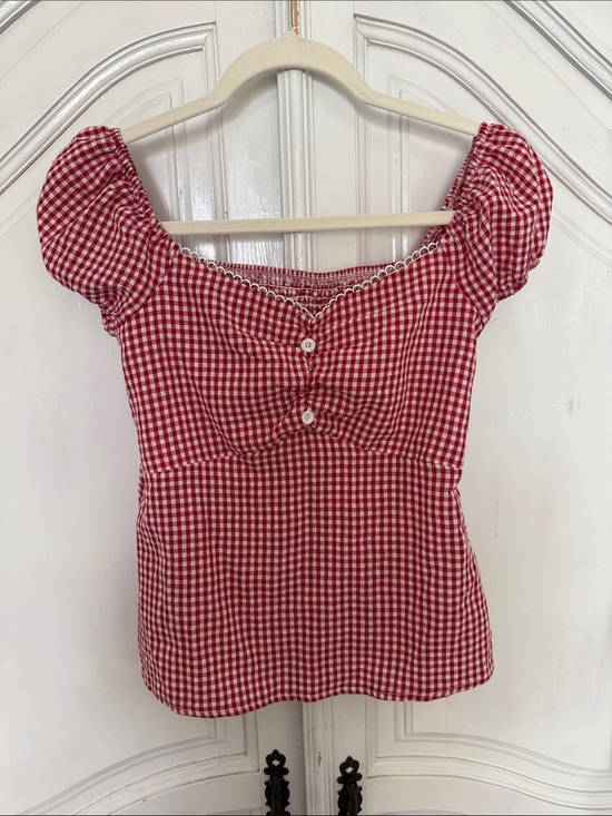 "No Brand" Tops - Red & White Gingham Puff Sleeve Babydoll Top | Cottagecore Country Western Small